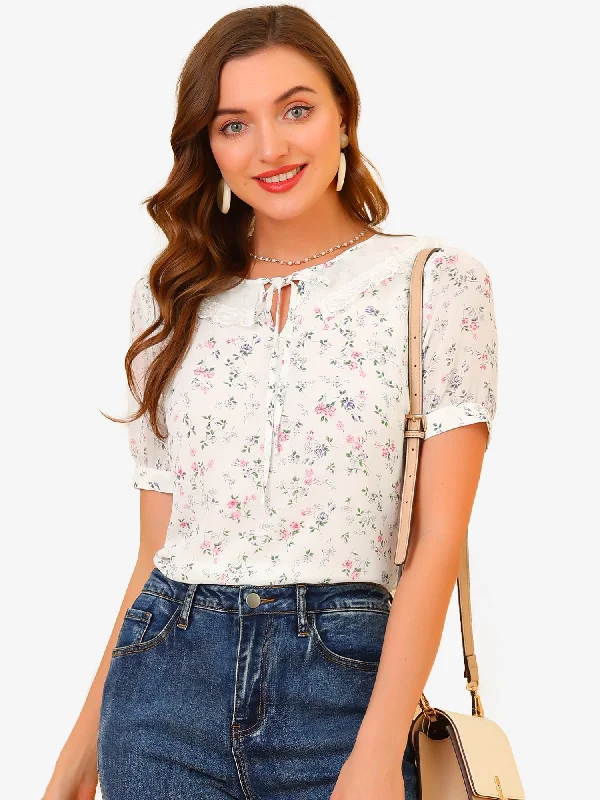 Floral Blouse Peter Pan Collar Tie Neck Chiffon Shirt Top Smart Business Blouse