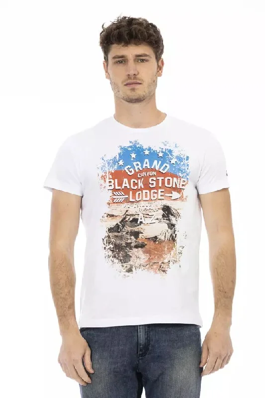 White Cotton Men T-shirt-- Mesh Fabric Canvas Fabric Denim Fabric