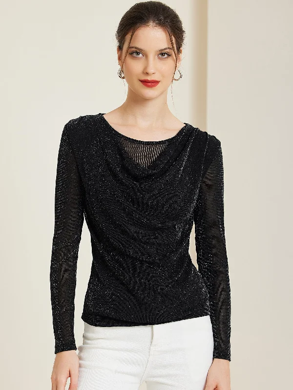Ruched Cowl Neck Long Sleeves Glitter Blouse Classic Minimalist Blouse
