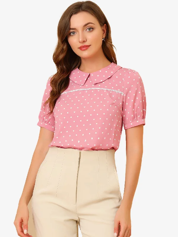 Vintage Heart Print Puff Short Sleeve Peter Pan Collar Blouse Tops Embellished Collar Blouse