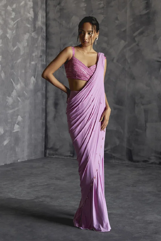 Draped Saree With Embelishhed Overlap Blouse Peter Pan Blouse