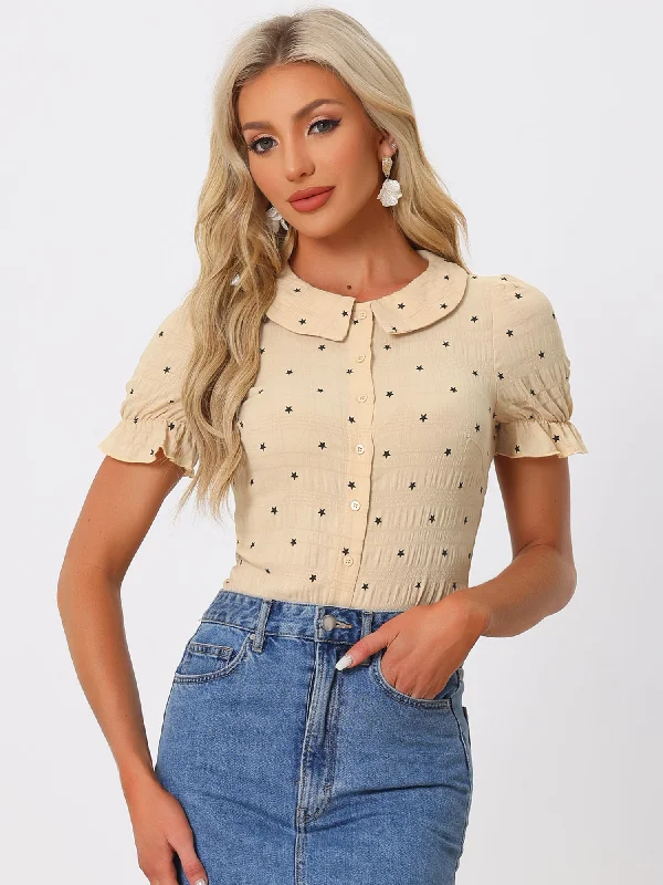 Casual Peter Pan Collar T Shirt Textured Stars Button Down Ruffle Top-- Solid Color Striped Floral
