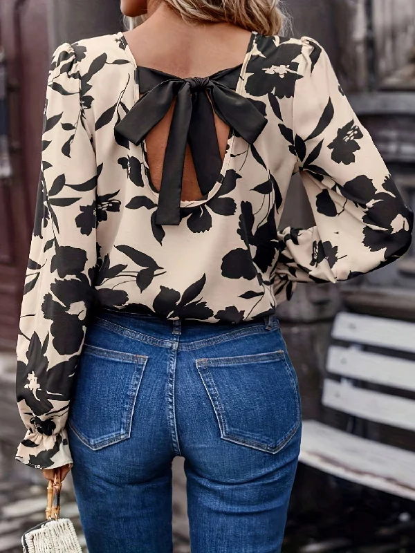 Hazel Blues® |  Bow Back Printed Round Neck Flounce Sleeve Blouse Elegant Semi-Sheer Blouse