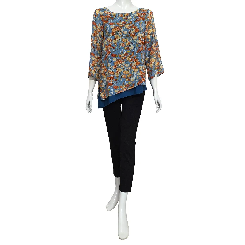 Joan Allen Floral Chiffon Asymmetric Blouse in Peacock Blue Backless Summer Blouse