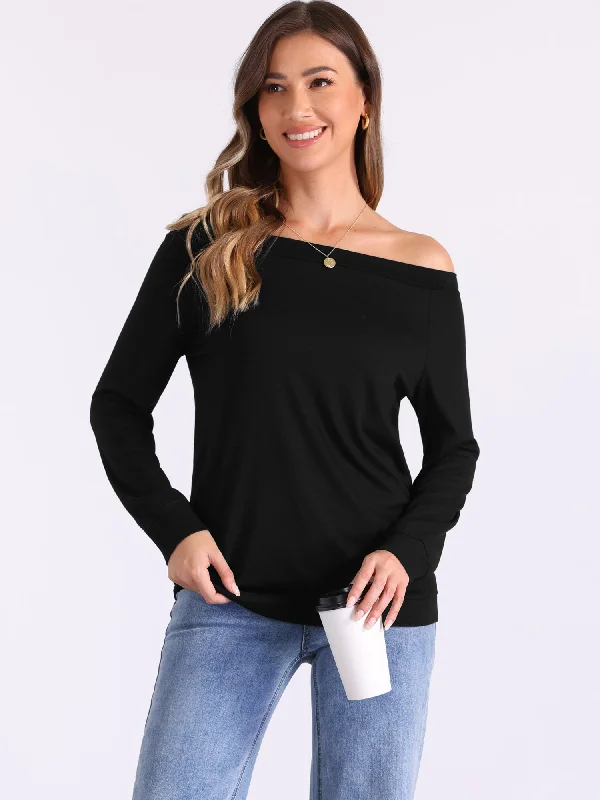 Off Shoulder Stretch Long Sleeve Solid Color Casual Blouse Satin Drape Blouse