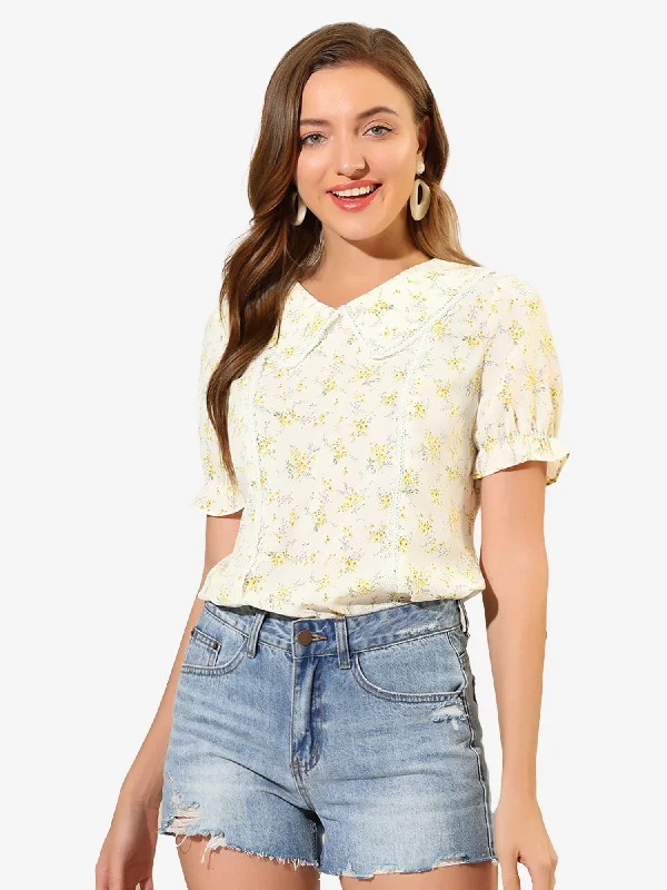 Floral Peter Pan Collar Lace Trim Ruffle Sleeve Blouse Soft Modal Blouse