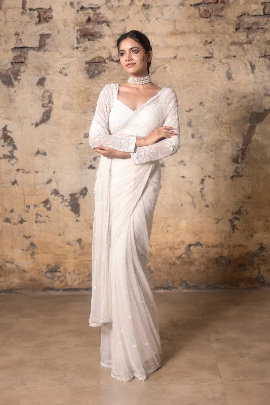 White Hand Embroidered Saree And Blouse Casual Button Blouse
