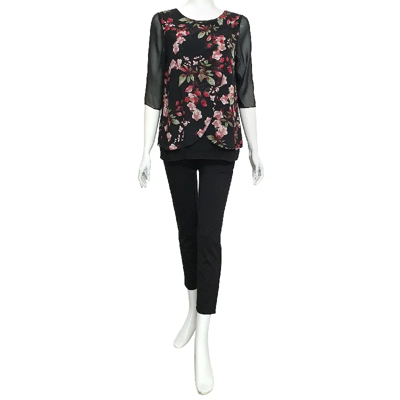 Joan Allen Floral Chiffon Blouse in Carbon Semi-Sheer Blouse