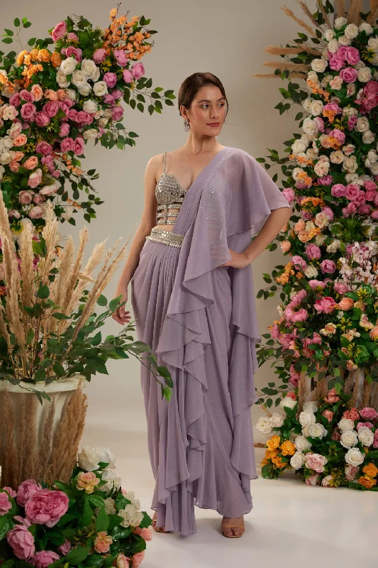 Lilac Color- Dupion Blouse, Belt And Shimmer Georgette Saree Smart Casual Blouse