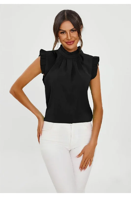 FS Collection Frill Trim Sleeve High Neck Blouse Top In Black Backless Summer Blouse FS Collection Frill Trim Sleeve High Neck Blouse Top In Black Backless Summer Blouse