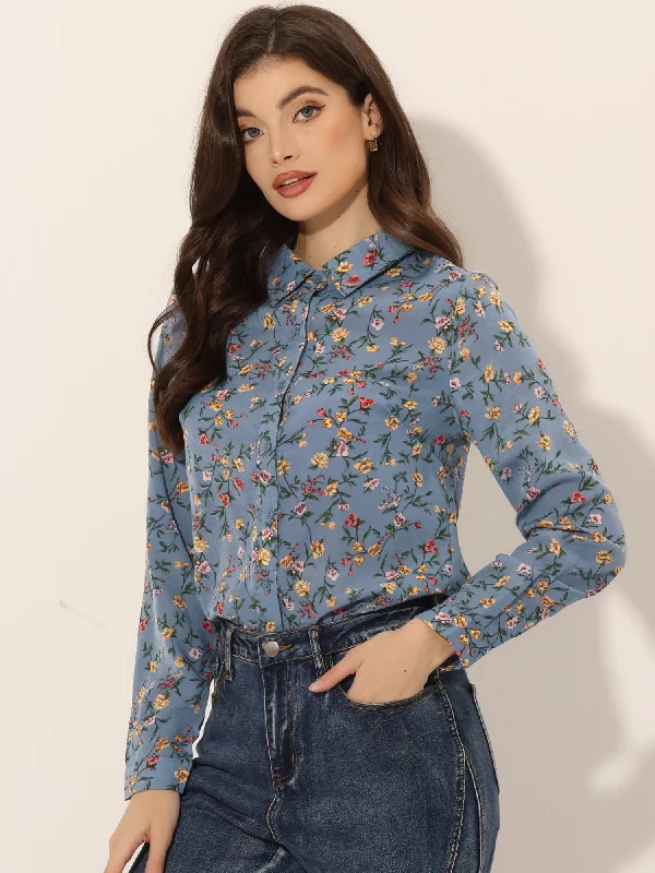 Button Down Floral Shirt Blouse Long Sleeve Point Collar Top Silky Tunic Blouse