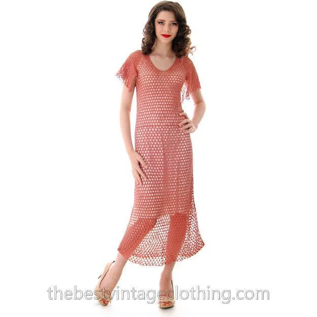 Vintage Dusty Rose Pink Crochet Day or Tea Dress 1930s Small Pencil Office Professional Vintage Dusty Rose Pink Crochet Day or Tea Dress 1930s Small Pencil Office Professional