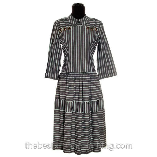 Vintage 1940s Day Dress Cotton Gray Seafoam Green Stripes Bows Adorable Long Sleeves S- M Tunics Spring floral Vintage 1940s Day Dress Cotton Gray Seafoam Green Stripes Bows Adorable Long Sleeves S- M Tunics Spring floral