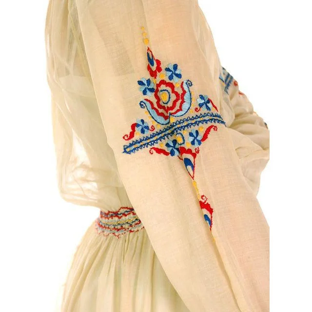 Vintage Young Womans Ivory Gauze Dress Peasant Embroidered 1920s Small Tunics Trousers formal Vintage Young Womans Ivory Gauze Dress Peasant Embroidered 1920s Small Tunics Trousers formal