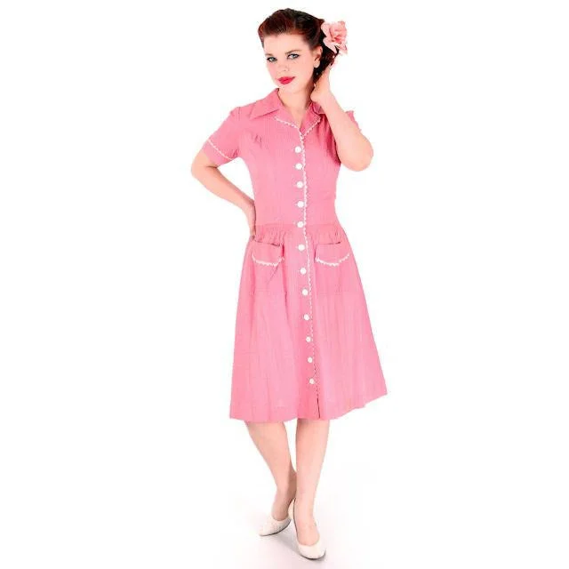 Vintage S Stylecraft Frocks Seersucker Day Dress Pink WW2 Early 1940s 36-29-47 Tunics Versatile functional Vintage S Stylecraft Frocks Seersucker Day Dress Pink WW2 Early 1940s 36-29-47 Tunics Versatile functional