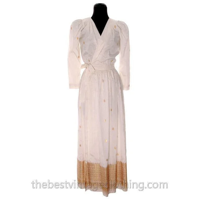 Vintage Dress Gown 1970s Maxi White Silk | Gold Metallic Border Print Paisleys Small Tunics Seasonal trendy Vintage Dress Gown 1970s Maxi White Silk | Gold Metallic Border Print Paisleys Small Tunics Seasonal trendy