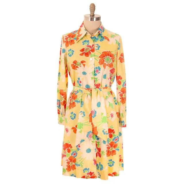 Vintage A-line Dress Yellow Printed Floral Large 1970s Leo Narducci Turtleneck Warm Winter Vintage A-line Dress Yellow Printed Floral Large 1970s Leo Narducci Turtleneck Warm Winter