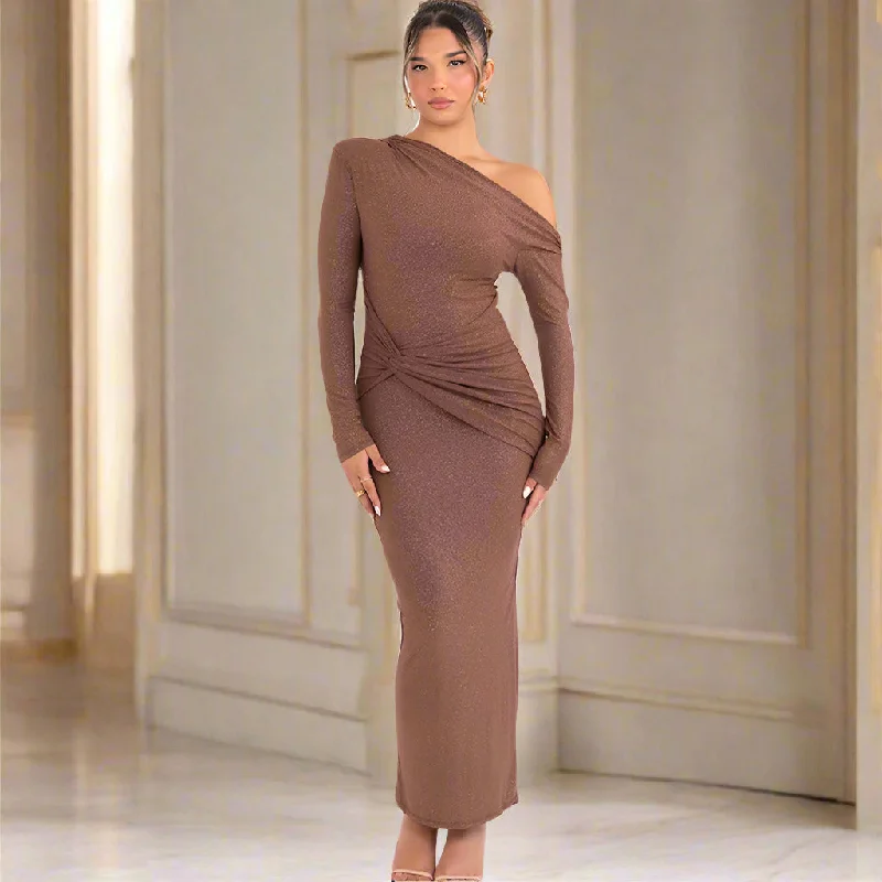 Women's Slim Fit Long Sleeve Oblique Shoulder Pleated Event Gown Dress Tunics Fashionable chic Women's Slim Fit Long Sleeve Oblique Shoulder Pleated Event Gown Dress Tunics Fashionable chic
