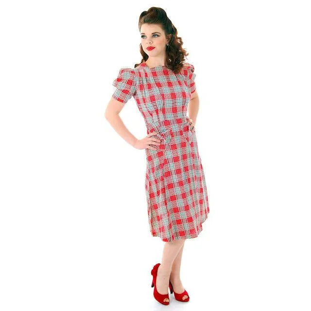 Vintage Red Plaid Dress Cotton Seersucker Deadstock Early 1940s Small Pencil Office Professional Vintage Red Plaid Dress Cotton Seersucker Deadstock Early 1940s Small Pencil Office Professional