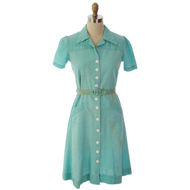 Vintage Seersucker Dress Waitress Uniform Seafoam Green 1940s Stylecraft 35" Bust Tunics Prom sequined Vintage Seersucker Dress Waitress Uniform Seafoam Green 1940s Stylecraft 35" Bust Tunics Prom sequined