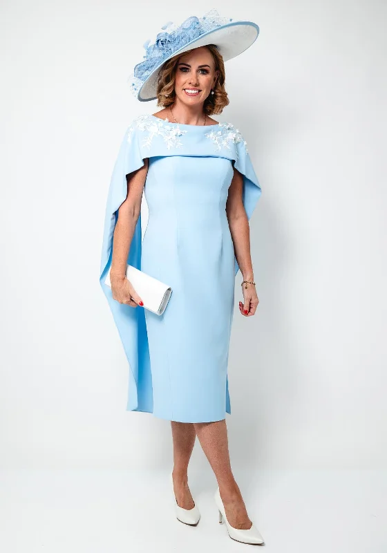 John Charles Applique Cape Midi Pencil Dress, Ice Blue and Ivory Tunics Chinos classic