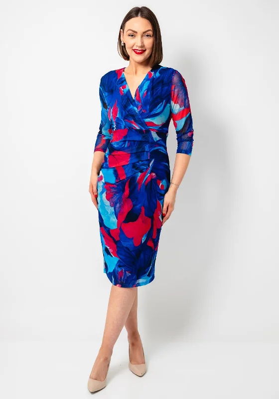Avalon Floral Print Mesh Wrap Pencil Dress, Blue Tunics Occasion special