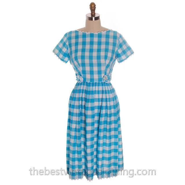 Cute Vintage Cotton Dress Large Scale Gingham Plaid Aqua & White Montgomery Wards 1950s S-M Tunics Occasion special Cute Vintage Cotton Dress Large Scale Gingham Plaid Aqua & White Montgomery Wards 1950s S-M Tunics Occasion special