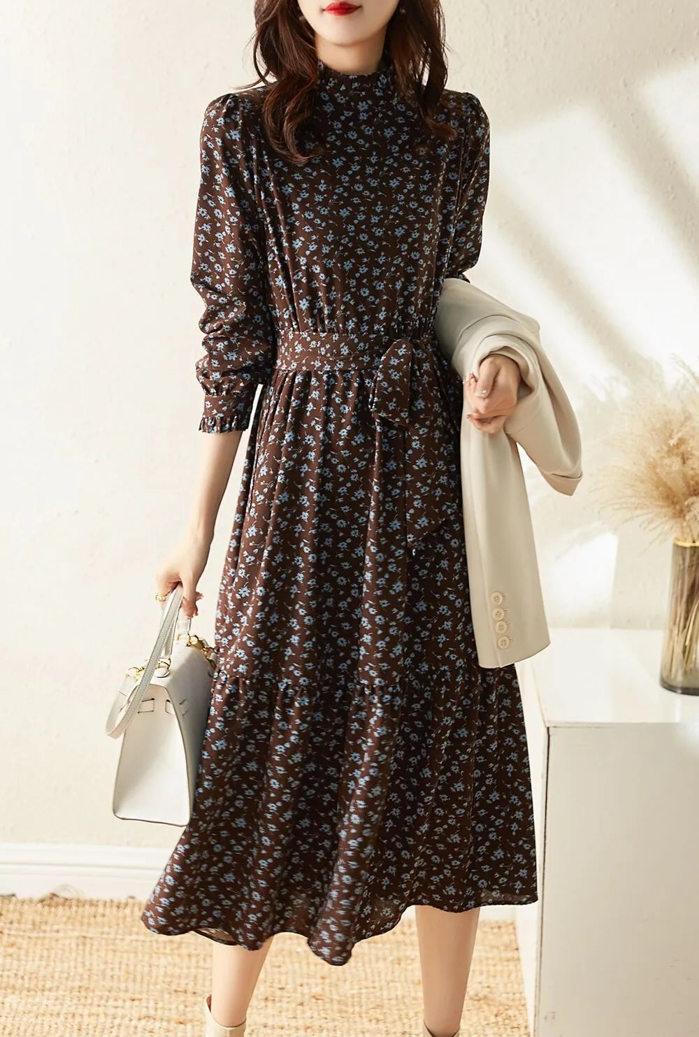 Women's Western Style High Neckline Dark Chocolate Brown Color Dress with Blue Flower Pattern Tunics Luxurious high-end Women's Western Style High Neckline Dark Chocolate Brown Color Dress with Blue Flower Pattern Tunics Luxurious high-end