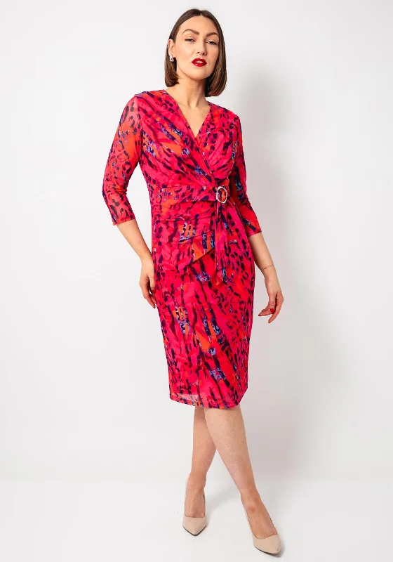 Avalon Printed Mesh Wrap Pencil Dress, Pink Tunics Winter warm