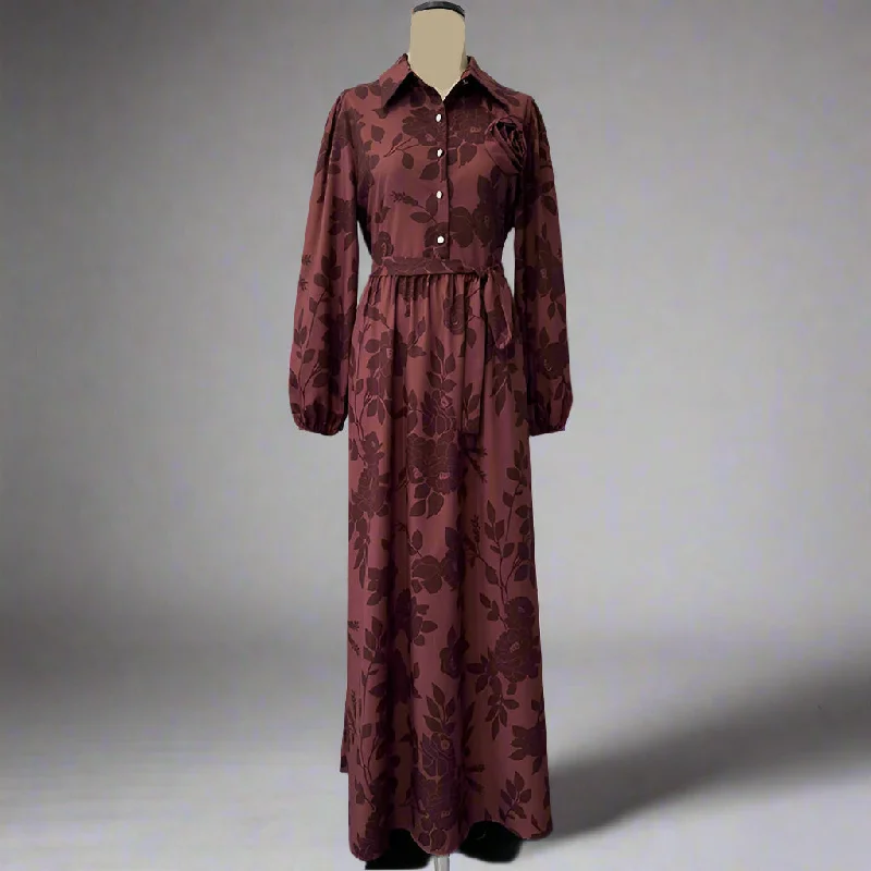 Women's Brown Jacquard Long Sleeve Swing Dress with Belt Tunics Versatile functional Women's Brown Jacquard Long Sleeve Swing Dress with Belt Tunics Versatile functional