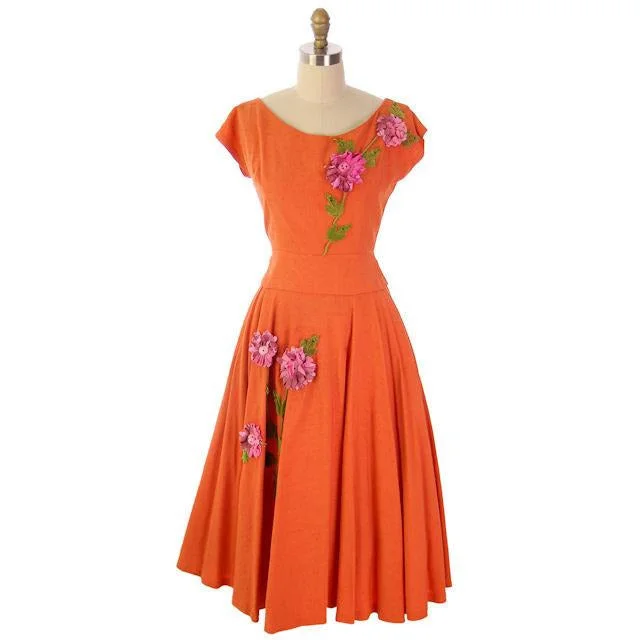 Vintage Orange Nubby Rayon 2 PC Dress Circle Skirt Appliques Late 1940s Guernsey Tunics Travel practical Vintage Orange Nubby Rayon 2 PC Dress Circle Skirt Appliques Late 1940s Guernsey Tunics Travel practical