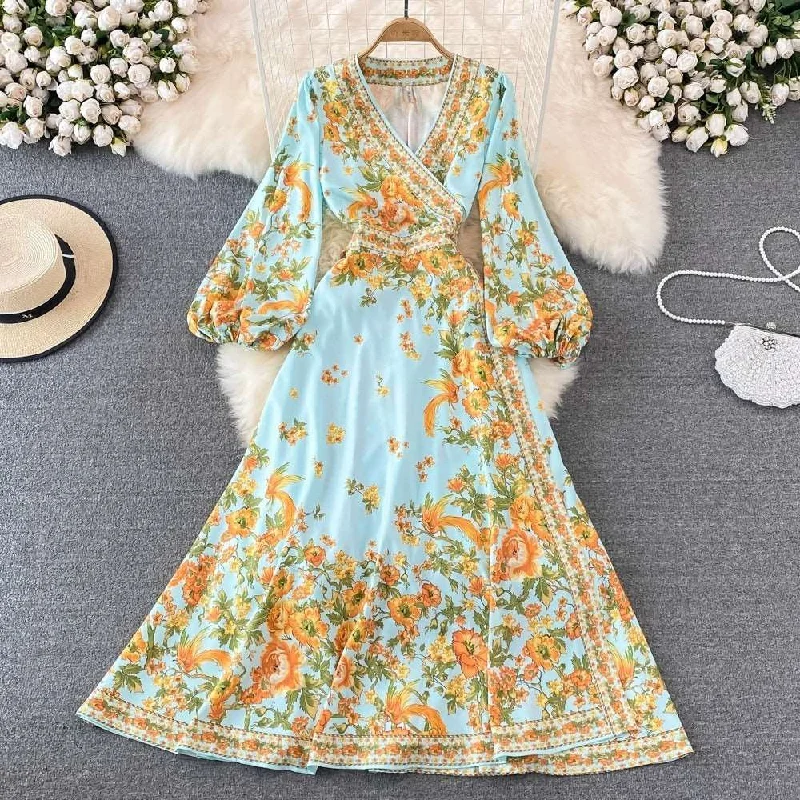 Women's Retro Pleated Puff Sleeve A-line High Waist Dress with Floral Print Tunic Top Casual Women's Retro Pleated Puff Sleeve A-line High Waist Dress with Floral Print Tunic Top Casual