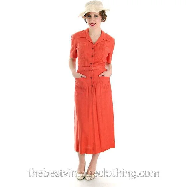 Slim Vintage Linen Pencil Dress 1940s Papaya L'Aiglon Small Guernsey Pie Boat Neckline Classic Slim Vintage Linen Pencil Dress 1940s Papaya L'Aiglon Small Guernsey Pie Boat Neckline Classic
