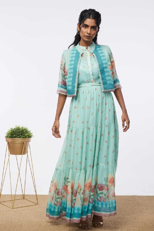 Bloom Printed Tiered Dress With Jacket Notch Collar Jacket Peter Pan Collar Jacket Cowl Neck Jacket Bloom Printed Tiered Dress With Jacket Notch Collar Jacket Peter Pan Collar Jacket Cowl Neck Jacket