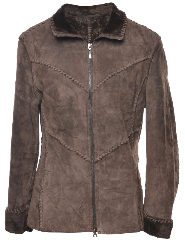 Dark Brown Shearling Lined Jacket - M Knit Jacket Woven Jacket Fleece Jacket