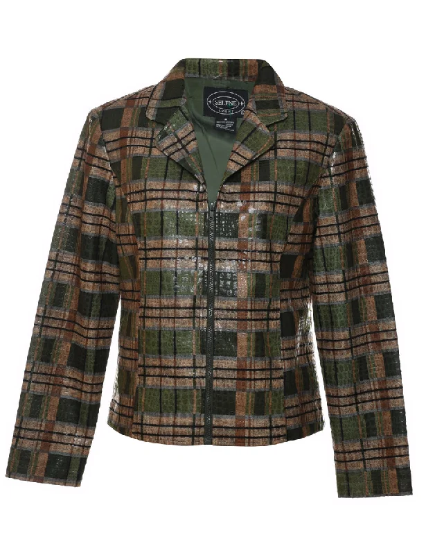 Dark Green & Brown Checked 1990s Jacket - M Snapped Jacket Toggled Jacket Drawstring Jacket