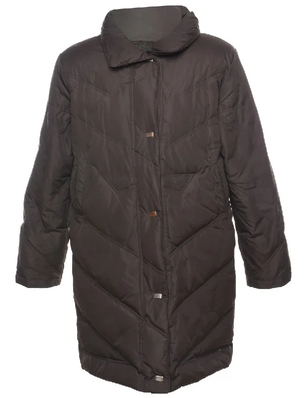 Dark Brown Zip-Front Puffer Jacket - L Appliqued Jacket Beaded Jacket Sequined Jacket