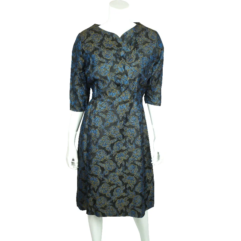 Vintage 50s Brocade Dress w Jacket Blue Floral Pattern Sz L Front Pockets Side Pockets Patch Pockets Vintage 50s Brocade Dress w Jacket Blue Floral Pattern Sz L Front Pockets Side Pockets Patch Pockets