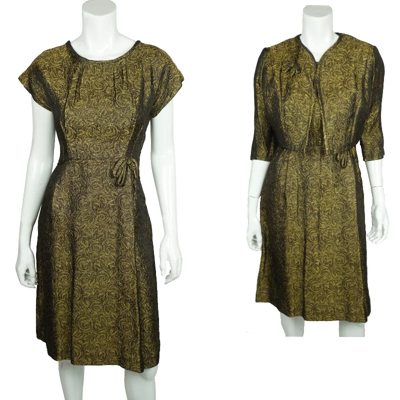 Vintage 50s Cocktail Dress w Jacket Floral Gold Brocade Sz L Denim Fabric Leather Fabric Suede Fabric Vintage 50s Cocktail Dress w Jacket Floral Gold Brocade Sz L Denim Fabric Leather Fabric Suede Fabric