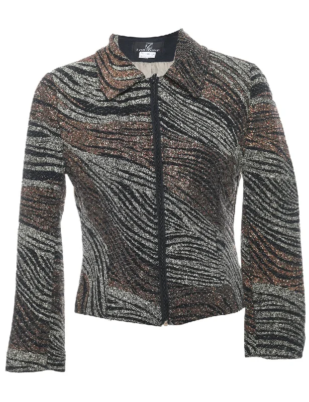 Metallic Finish Zip-Front Abstract Design Evening Jacket - S Faux Fur Jacket Real Fur Jacket Shearling Jacket
