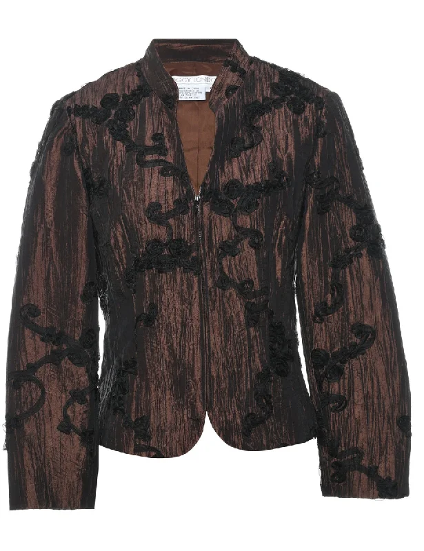 Dark Brown Metallic Ruched Evening Jacket - M Toggled Jacket Drawstring Jacket Belted Jacket