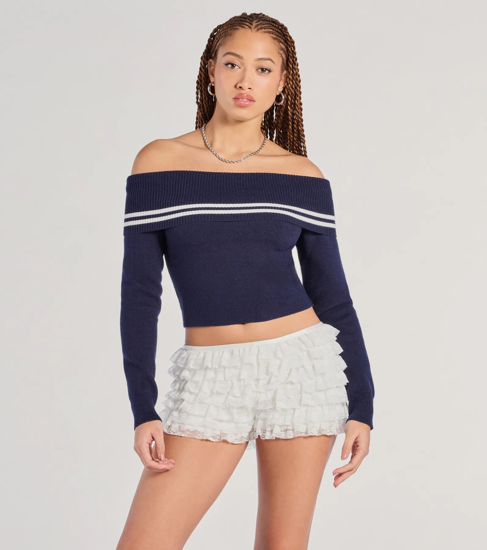 Cruising Cutie Off-The-Shoulder Striped Knit Sweater Top Mesh Fabric Canvas Fabric Denim Fabric