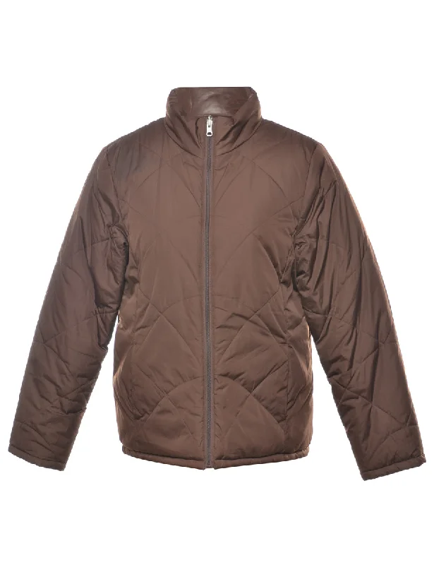 Dark Brown Puffer Jacket - L Boat Neck Shawl Collar Notched Collar