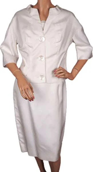 1960s White Silk Couture Dress with Jacket Size M Fleece Fabric Down Fabric Feather Fabric 1960s White Silk Couture Dress with Jacket Size M Fleece Fabric Down Fabric Feather Fabric