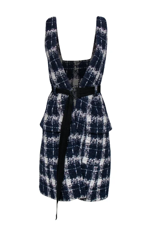 Marissa Webb - Blue & White Plaid Woven Sleeveless Duster Jacket Sz XS Welt Pockets Slit Pockets Flap Pockets Marissa Webb - Blue & White Plaid Woven Sleeveless Duster Jacket Sz XS Welt Pockets Slit Pockets Flap Pockets