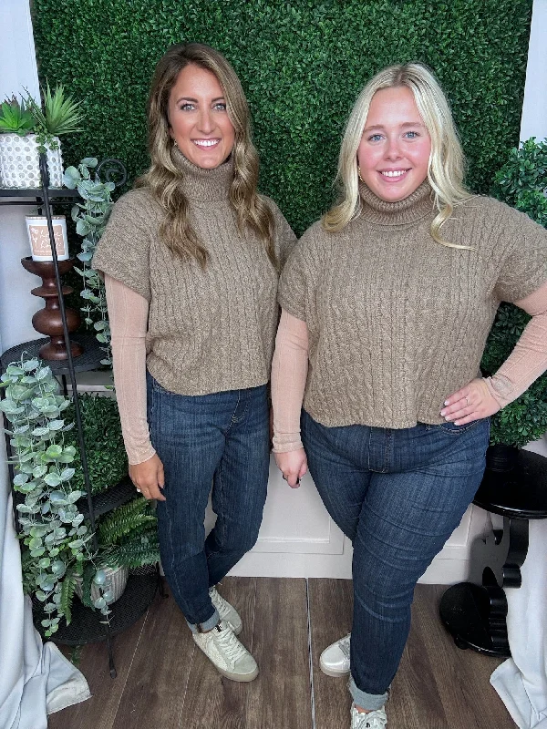 CABLEKNIT SHORT SLEEVE TURTLENECK SWEATER - MOCHA Silk Blend Satin Velvet