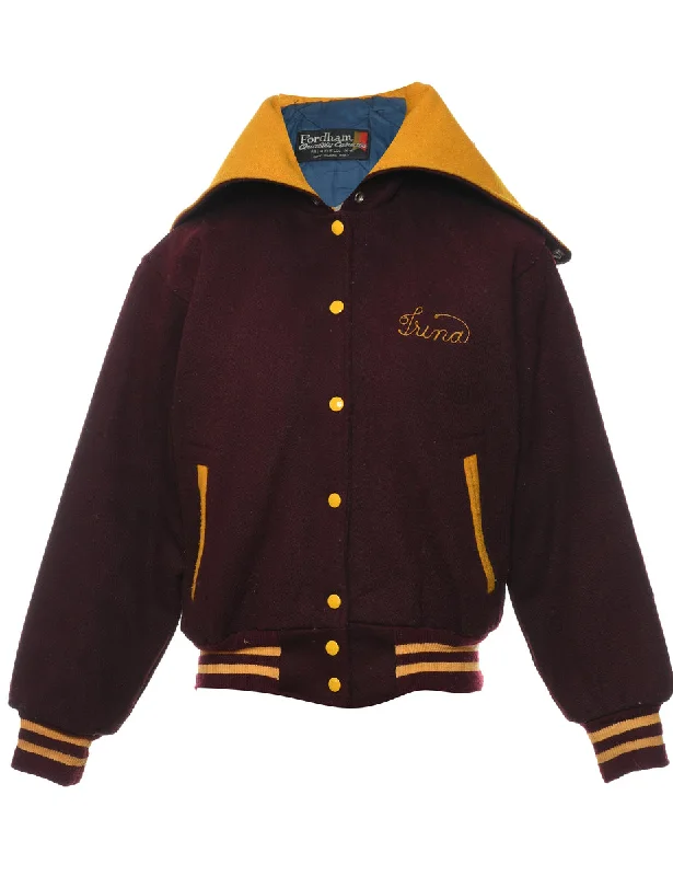 Maroon & Yellow Band Design Varsity Jacket - M Faux Fur Jacket Real Fur Jacket Shearling Jacket