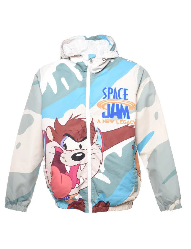 Looney Tunes Multi-Colour Zip-Front 1990s Jacket - M A-Line Jacket Boat Neck Shawl Collar Looney Tunes Multi-Colour Zip-Front 1990s Jacket - M A-Line Jacket Boat Neck Shawl Collar
