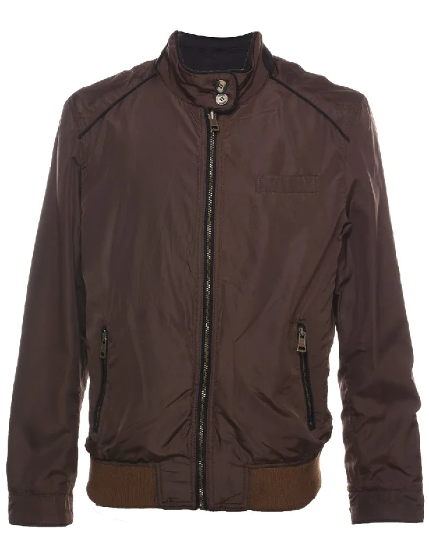 Dark Brown Zip-Front Harrington Jacket - L Striped Jacket Polka Dot Jacket Floral Jacket