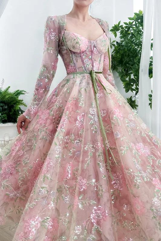 Corset Floral Print Beaded Tulle Dress with Long Sleeves Jacket Nylon Fabric Polyester Fabric Spandex Fabric Corset Floral Print Beaded Tulle Dress with Long Sleeves Jacket Nylon Fabric Polyester Fabric Spandex Fabric